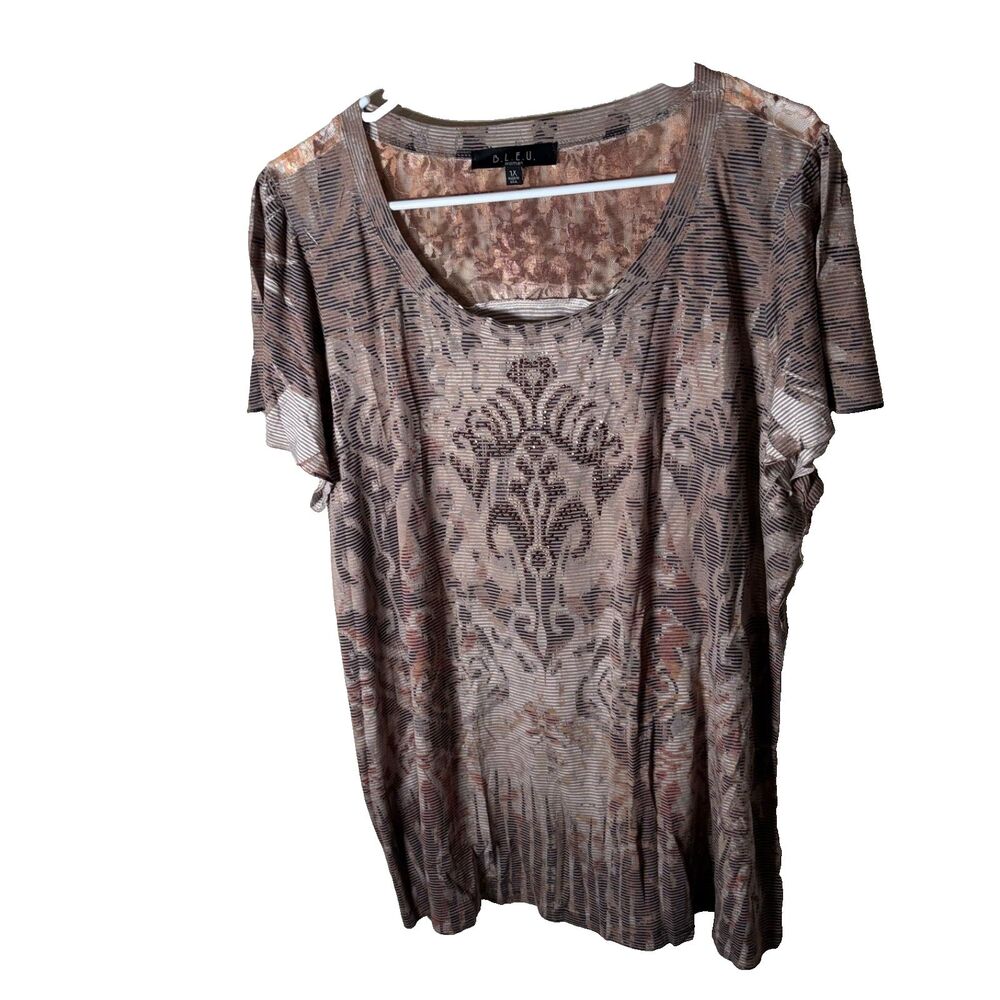 BLEU T-Shirt Women's 1X Short Sleeve Lace Boho Rhinestone Y2k Shirt Top
